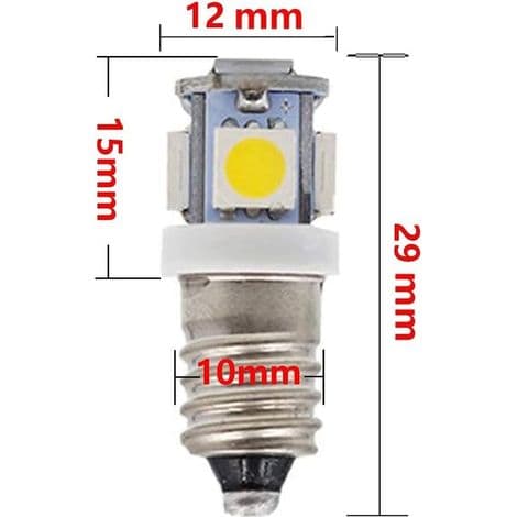 10 stk. E10 12V koldhvide LED-pærer 5SMD 0,5W 50LM lampe