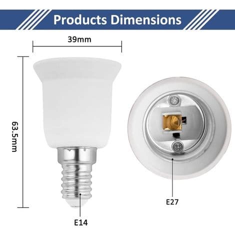 E14 til E27 Fatningsadapter, SES til ES Fatningskonverter, 0-250V, til E27 Pærer, LED Pærer, Glødepærer, Halogenlamper, CFL Lamper, Pakke med 2