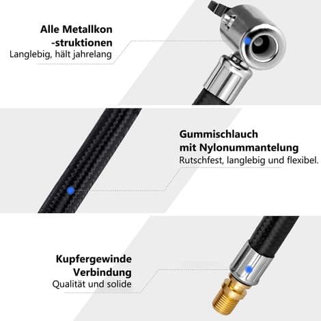 Bilventilförlängningssats, inklusive 2 adaptrar, en snabbkoppling och en 24 cm slang för däckpump (