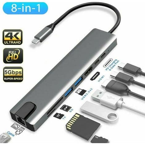 USB-C Hub-adapter, 8-i-1 Mac-tilbehør, USB-C-adapter med 4K HDMI, Ethernet, 2 USB 3.0-porter og SD/TF-kortleser