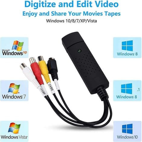 USB lyd- og videokonverterer, VHS til digital konverterer, videoopptakskort digitaliserer fra analog video VCR VHS DVD, for Windows 7 8 10