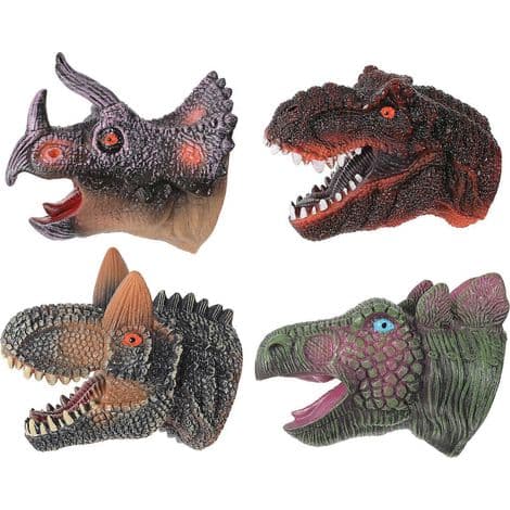 Sett med 4 dinosaurhånddukker, dinosaurhodefigurer, leksehanske