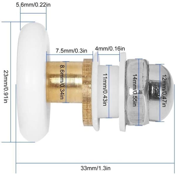 Sæt med 8 brusedørsruller - Skydedørsruller til bruser, 23 mm diameter