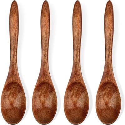 Set med 4 små träskedar, 15 cm, mini träserveringsskedar för kaffe, te, kryddor