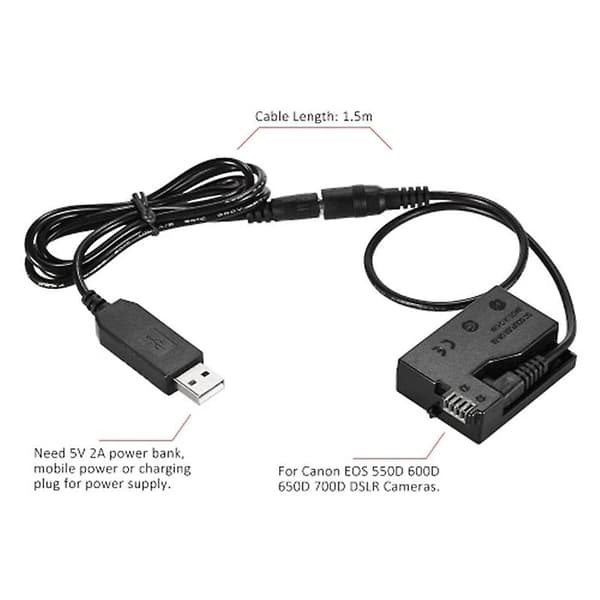 -E8 Dummy-akku DC-virtapankin USB-sovitinkaapelilla, korvaa LP-E8:n malleissa 550D, 600D, 650D, 700D