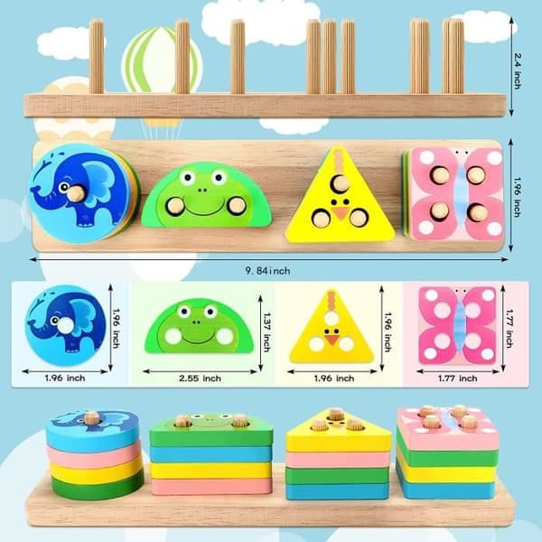 Montessori-legetøj til 1-, 2- og 3-årige drenge og piger - Træstabellegetøj, farvegenkendelse, formsorterere