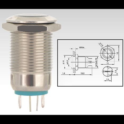 Förpackning med 5 vattentäta tryckknappsbrytare i metall, 12 mm, 2 A/36 V, med blå LED