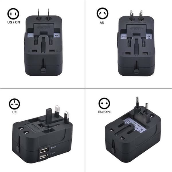 Universal rejseadapteroplader, USA EU UK AU med 2 USB-porte til kameraer, mobiltelefoner, tablets, iPads, sort