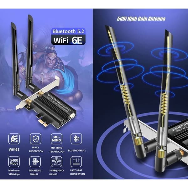 WiFi 6E -kortti - OTBACT - PCIe - 5400 Mbps - Bluetooth 5.2 - Kolmitaajuus 6/5/2.4 GHz