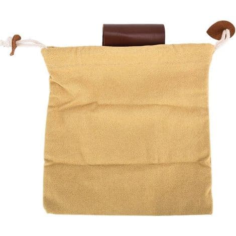 Lerret- og lærplukkepose med belte for camping, khaki farge.