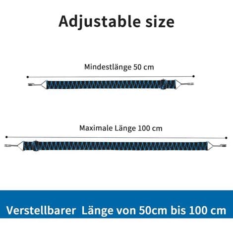 Elastiksnore med kroge, pakke med 4 justerbare elastiksnore, 1M flad elastiksnor, blå
