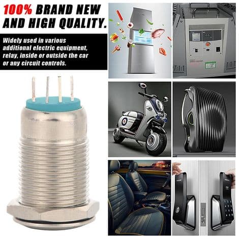Förpackning med 5 vattentäta tryckknappsbrytare i metall, 12 mm, 2 A/36 V, med blå LED