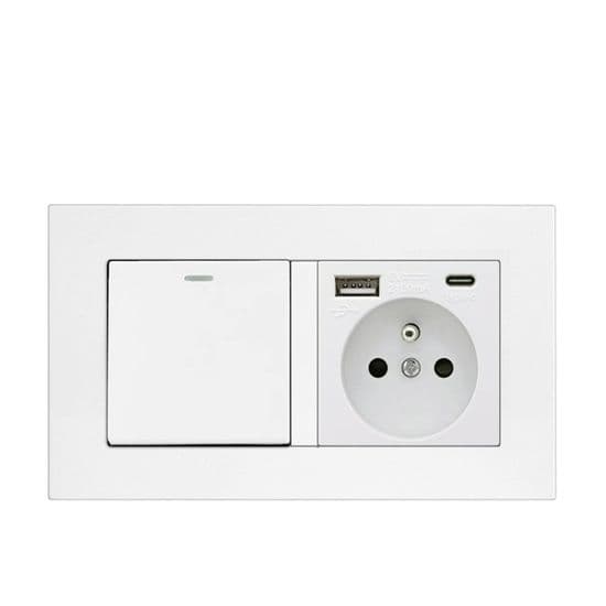 Taktil vippetrykknapp, 1 rom, 2-veis og 3-i-1 stikkontakt med 2,1A USB-ladekraft og Type-C-adapter