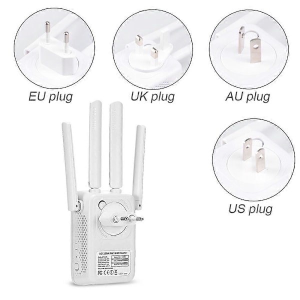 AC1200 Trådlös Mini Router AP Wifi Repeater Lång Räckvidd Extender Booster Dual Band 2.4G/5GHz Engelsk Firmware EU US AU Väggkontakt