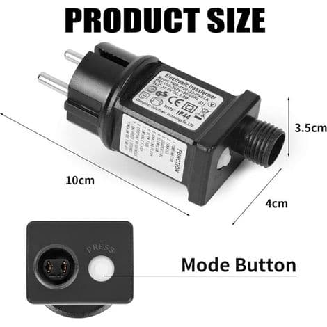2-pakning 24V 6W LED strømforsyningstransformator, IP44 lavspent blinkende driveradapter med 8 moduser, timer og minnefunksjon for lyslenker, Chris