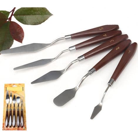 Sett med 5 spatler i rustfritt stål for oljemaling, trehåndtak, ideelt for kunstnere og studenter.