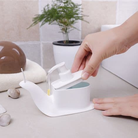 Tecknad snigelformad flytande tvåldispenser. Innovativ tryckknappsförvaringslåda, vit (brun).