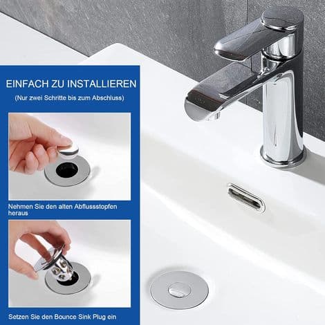 Sæt med 2 pop-up vaskepropper til håndvaske og badekar, med anti-tilstopningssi/filter, til køkkener (34 til 40 mm)