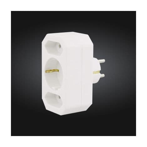 Pluggadapter - 1 jordet plugg + 2 Euro-plugger - Barnesikker - Hvit - 10 x 20 x 20 cm