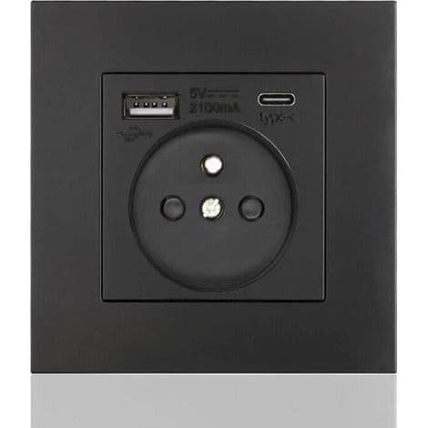 Fransk Type-C+USB16A Type 86 stikkontaktpanel, antall kontakter: 2 hull, antall USB-porter: 1, antall Type-C-porter: 1, sikker og solid (svart firkantet)