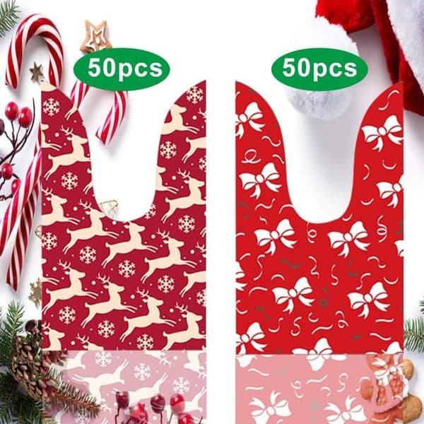 Förpackning med 100 julgodispåsar, julgodispåsar, julklappspåsar med dragsko