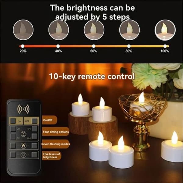 Flammeløse stearinlys med fjernkontroll, timer og ladestasjon; 6 USB oppladbare LED telys