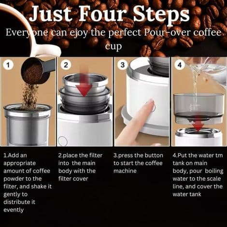 (Hvit) Bærbar reisekaffetrakter - Automatisk dryppfunksjon - 1 kopp - For camping, kontor, hjem, bil