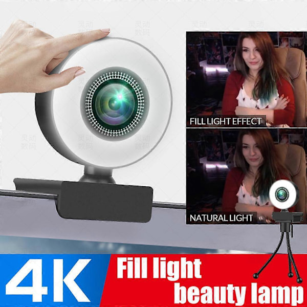 1080P 2K 4K HD Webbkamera med Ringljus Laptop PC Dator Live Sändningskamera Video Webbkamera Mikrofon Web Cam