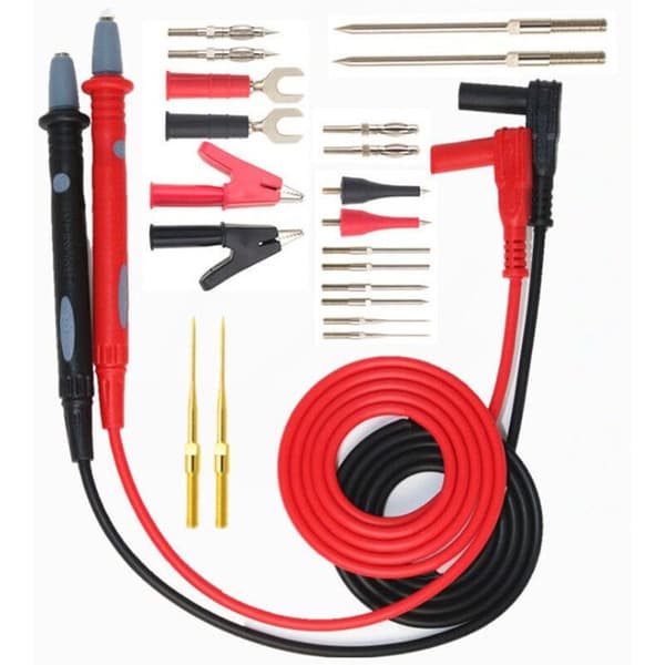 Multimeter Testledningssæt - PZCC - 22 Dele - Krokodillenæb - Prober & Stifter - 1,1m 18AWG Silikonekabel