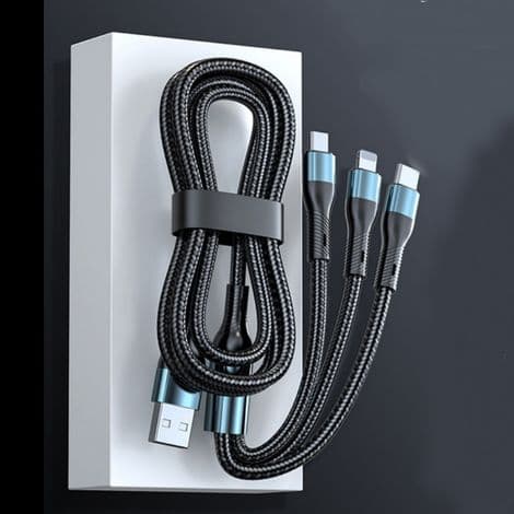 3-i-1 flettet nylon multi-ladekabel, USB hurtiglader for flere telefoner