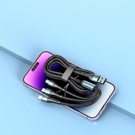 3-i-1 flettet nylon multi-ladekabel, USB hurtiglader for flere telefoner