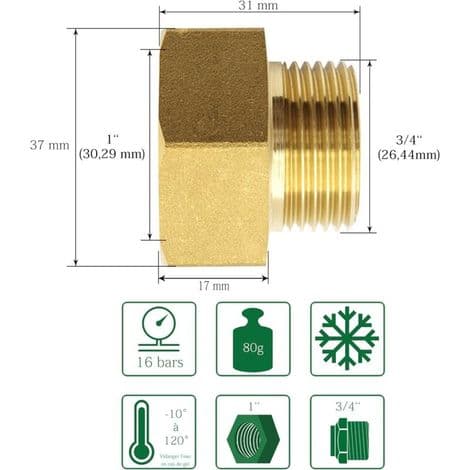 Premium 3/4\" x 1\" Reduktion lavet af højkvalitets, robust og rustbestandigt messing. Forbindelsesnippel. Rørfitting - Hun 26/34 x Han 20/27