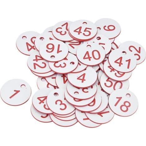 Nummererte runde ABS bikubeetiketter med hull, birøktutstyr, hvit 1-50, 50 stk