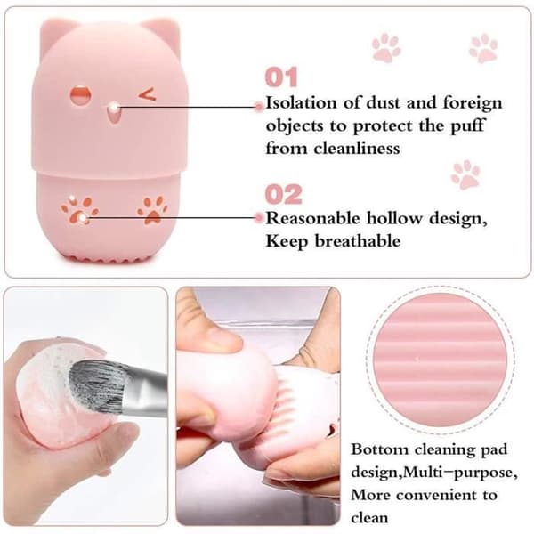 Makeup Pudderkvast - ZGEER - Kat Svampeholder - 2 Stykker - Pink - Støvtæt