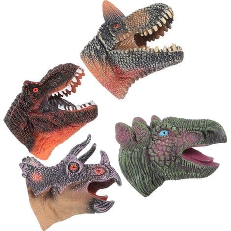 Sett med 4 dinosaurhånddukker, dinosaurhodefigurer, leksehanske