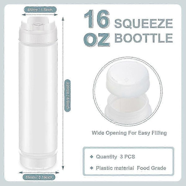 6 st 473 ml (16 oz) Inverterade Plast Squeeze-flaskor, Återfyllningsbar Tipp Stor Ventil Dispenser Krydda Squeez