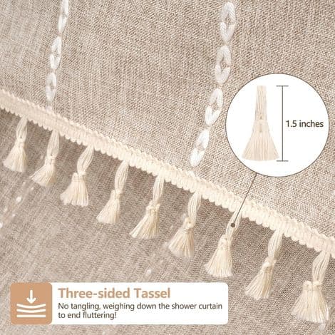 Duschdraperi - Linne - 180 x 180 cm - Vattentätt - Fransar - 12 Förstärkta Öljetter - Boho Lantlig Stil