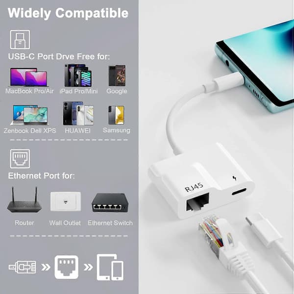Type A USB-C - Ethernet -sovitin, 2-in-1 Type-C - RJ45 -muunnin 60 W PD Type-C -latausportilla