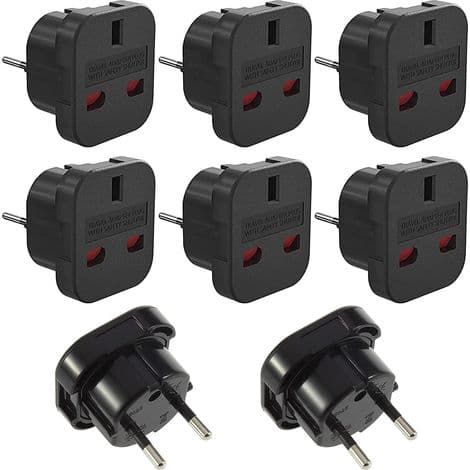 8-delt UK til EU rejseadapter sæt – 3-benet til 2-benet stik – Højkvalitets ABS – 10A strøm, 1000W maks.