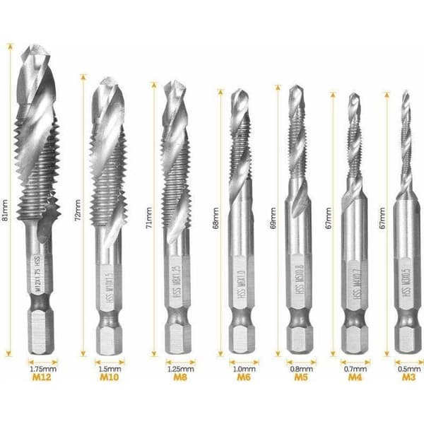 Gevindborebit - PZCC - PZCC - HSS M3–M12 - 7 dele - 1/4\" sekskantet skaft