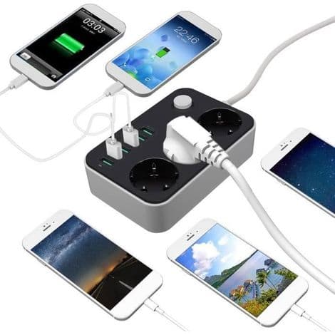 Strømuttak - Skrivebordslader - 3 uttak - 6 USB-porter - Svart