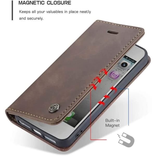 iPhone 5/5S/SE 2016 Cover, Stødsikkert Premium Læder Flip Wallet Cover, Kaffe