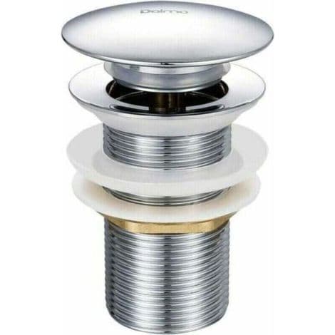 – Pop-up bottenventil utan bräddavlopp – Förkromad mässing – Diameter 66 mm – Höjd 78 mm – Tryckknappssystem för enkel dränering