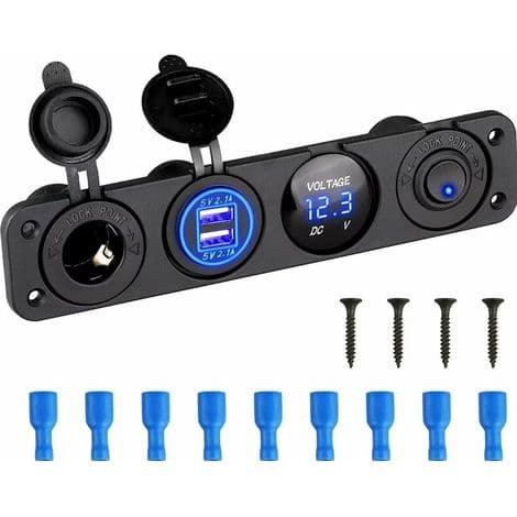 4-i-1 Marine Bryterpanel, 12V 4.2A Dobbel USB-lader Strømuttak med LED Voltmeter og Sigarettenner