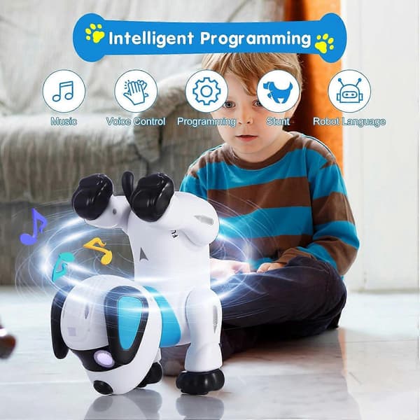 Fjärrkontroll Robot Hund Leksak, Interaktiv Programmerbar för Barn, Smart Dansande Robothundvalp med LED-ögon och Ljud, Blå