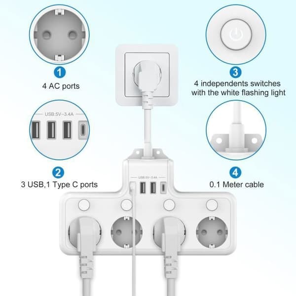 Largeight strømskinne - 4 uttak - 4000W - 16A - 4 individuelle brytere - 3 USB-A, 1 USB-C