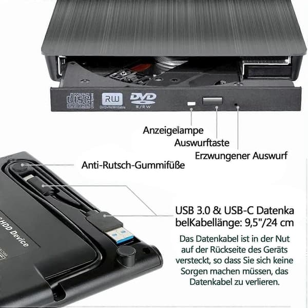 Extern CD DVD-enhet USB 3.0 Typ-C DVD-brännare (USB 3.0, USB Typ-C, DVD 8x/CD 24x, extern, för Windows XP, Mac OS, Mac)