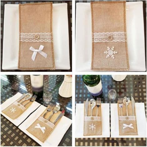 Julebestikkholder, julebestikkholder i burlap, oppbevaringspose for servise med blonder, bryllupsborddekorasjon