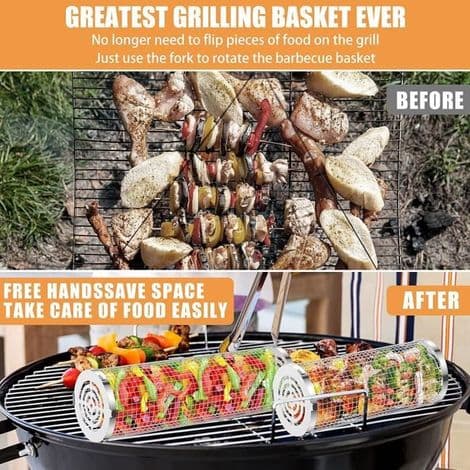 Grillkurv - Sett med 2 - Rustfritt stål - For grønnsaker, fisk, kjøtt - Rullende design