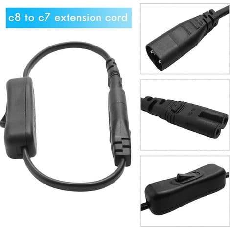 Strømforlængerkabel, IEC320 C7 til C8 adapter med afbryder og \"8\" interface.